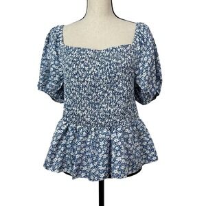 Shein Babydoll‎ Top Smocked Milkmaid Size 1XL Blue White Ditsy Floral Pullover